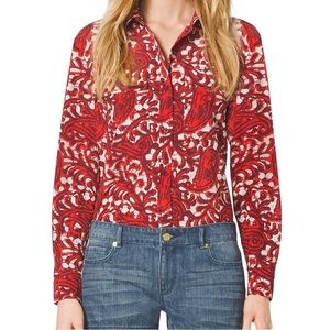 Michael Kors Red, Black and White Long Sleeve Blouse, Size XXS